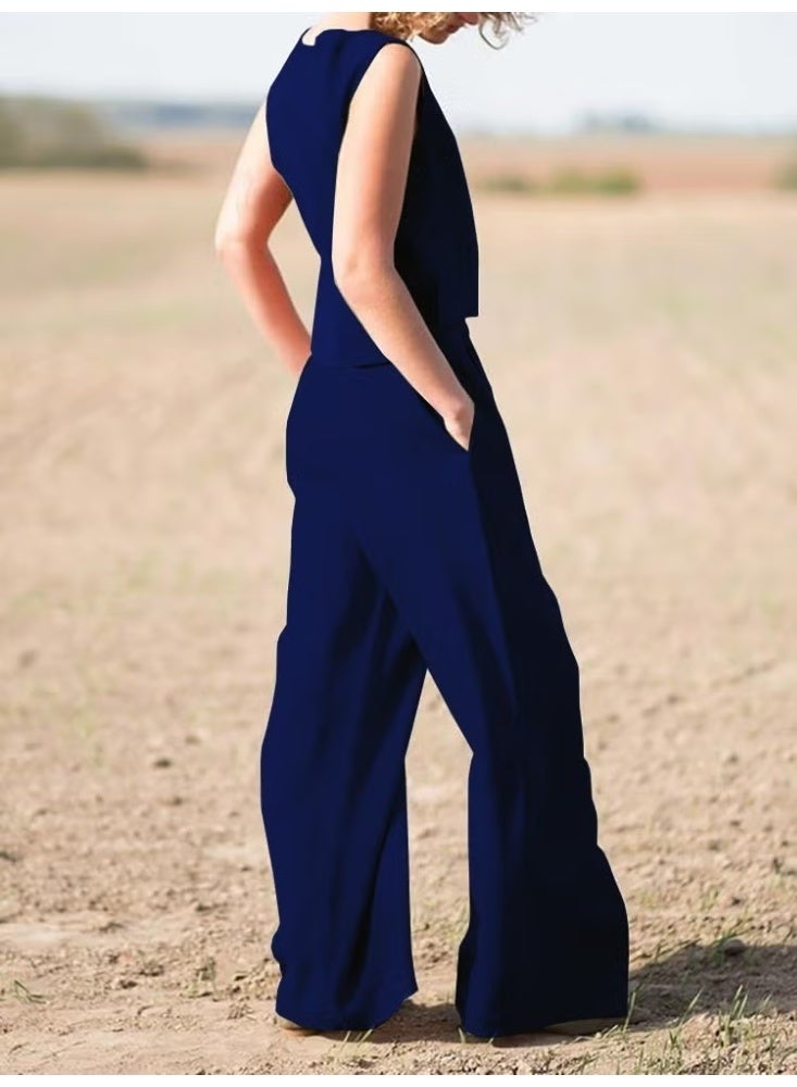 Barbora Linen Casual Sleeveless Top and Bottom Women's Set LN08LACIVERT12 - Image 2